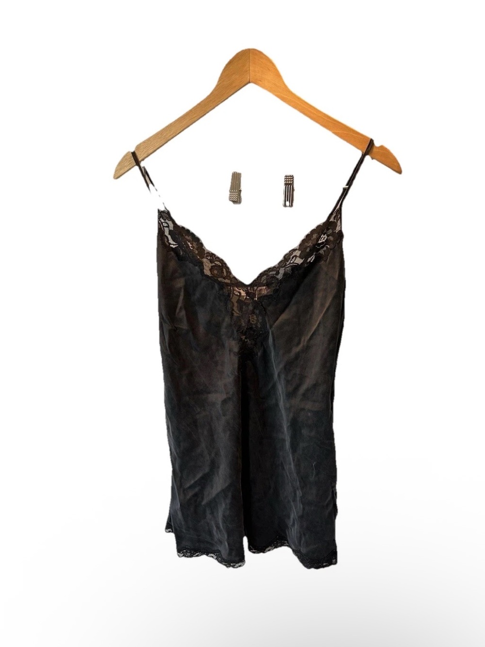y2k Victoria's Secret Silk Black Lace Trim Spaghetti Strap tank